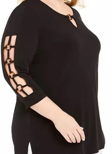 JM Collection Women’s Blouse Black Tortoise Ring Detail Ladder Sleeve Plus 1X - Picture 1 of 10