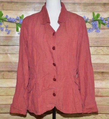 FLAX Button Up Linen Jacket Blouse Blazer Size M V-Neck Collared Pockets Career - Image 1 of 4