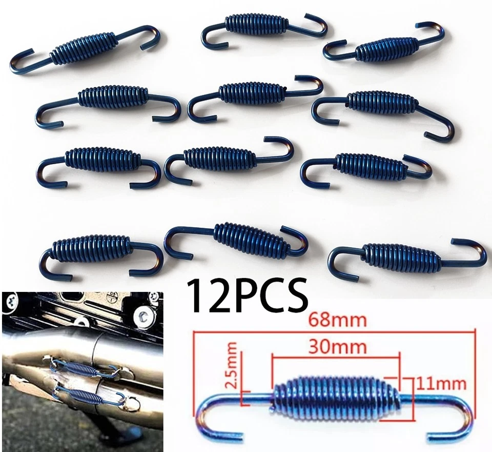 (12Pcs) Stainless Steel Motorcycle Exhaust Pipe Muffler Springs Swivel 68mm Blue - Image 1 of 4
