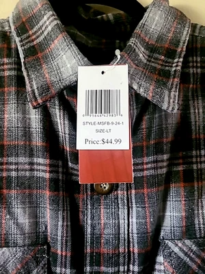 Mens Flannel Shirt Jacket  LT Large Tall Sherpa Lined Gray Orange Plaid - Image 1 of 4