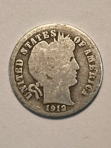 COLLECTABLE 1912 D UNITED STATES SILVER Barber 10 Cent Coin - Foto 1 di 2