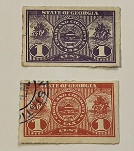EARLY LOT OF 2 STATE OF GEORGIA CIGAR AND CIGARETTE TAX STAMPS PURPLE AND RED - Picture 1 of 2