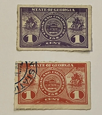 EARLY LOT OF 2 STATE OF GEORGIA CIGAR AND CIGARETTE TAX STAMPS PURPLE AND RED - Image 1 of 2