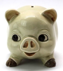 Vintage Keramik Sparschwein schwarz Gummi Stecker beige braun Made in Japan 6"x 4" - Bild 1 von 7