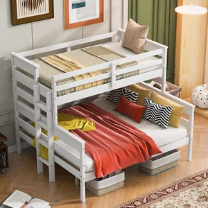 Twin XL/Queen Bunk Bed Wood Loft Bedframe with Ladder 81''x39.3''/61.2'' White - Picture 1 of 19