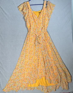 Maison Tara Womens Size 14 Cold Shoulder Maxi Dress Chiffon Yellow Belted Ruffle - Picture 1 of 12