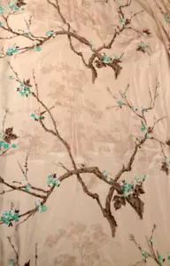 Toile Curtain Cherry Blossoms Pinch Pleat Vtg 1960s MCM Floral Drape Teal 53x82 - Picture 1 of 9