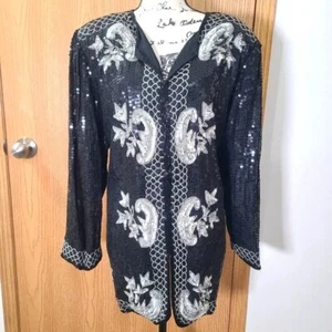Vintage 80s Midnight Run sequin beaded silk sparkle party jacket blazer XL 14-16 - Picture 1 of 6