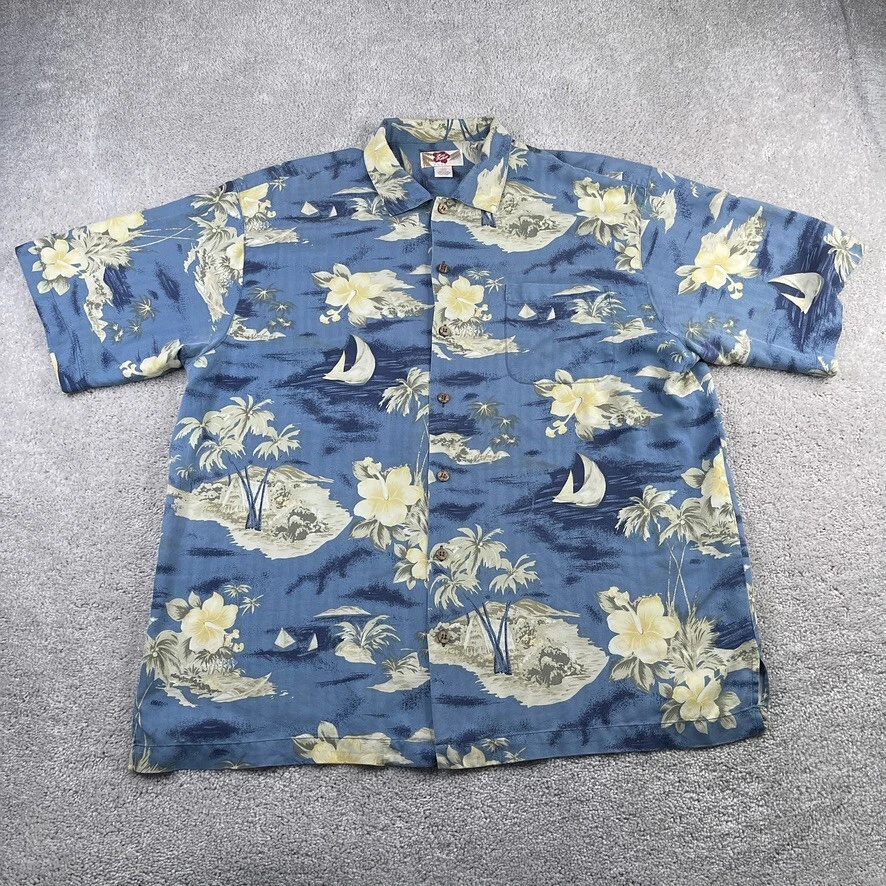 Hilo Hattie Shirt Men 2XL XXL Blue Hawaiian Aloha Sailing Silk Button Up Travel - Image 1 of 4