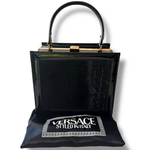 Vintage VERSACE Black Pony Hair & Patent Leather Top Handle Box Bag + Dust Bag - Picture 1 of 20
