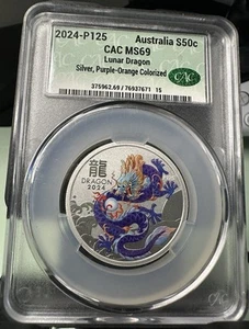 2024 Lunar Series Australia S$1 Year of the Dragon, Purple-Orange 1oz CAC MS69 - Picture 1 of 2