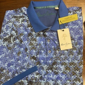 Robert Graham Mens SZ L Warden Geometric White Blue Black SS Polo Shirt NWT - Picture 1 of 8