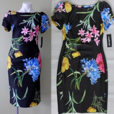 NWT KARL LAGERFELD Short Ruched Sleeve Jewel Neck Sheath Dress Sizes 2/4 BLACK - Image 1 of 4