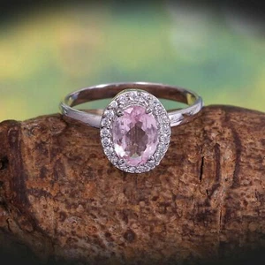 Pink Tourmaline Halo Dainty Oval  Cluster 925 Sterling Silver - Picture 1 of 5
