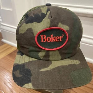 Vintage 80s Thrashed New Era Boker Knives Spell Out Camouflage Trucker Hat USA - Picture 1 of 5