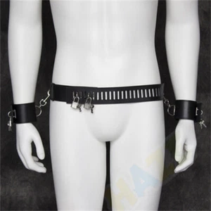 PU Leather Male Chastity Device Belt Handcuffs Lockdown Bondage Restraint New - Bild 1 von 4