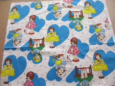 KOKKA Cotton Canvas Fabric RETRO GIRLS with BLUE  HEARTS - 21" by 22" - Image 1 of 3