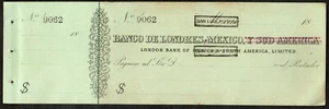 BANCO de LONDRES, MEXICO Y SUD AMERICA 1890's NAME CHANGE? SAN LUIS POTOSI CHECK - Picture 1 of 2