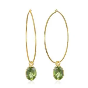 14k Gold Plated Gemdrop Hoop Earrings Green Peridot Gemstones 1.5" - Picture 1 of 1