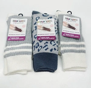 Muk Luks Womens Boot Socks 3 Pair Size 6-11 Gray Leopard Stripes Waffle Knit - Picture 1 of 7