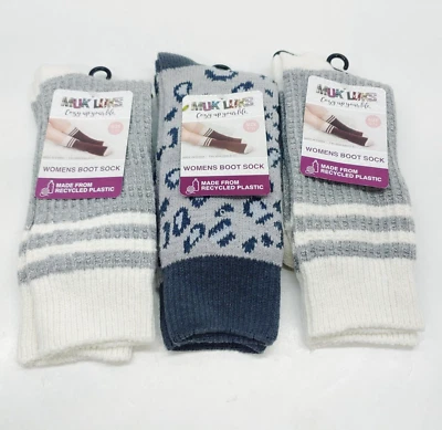 Calcetines de bota Muk Luks para mujer 3 pares talla 6-11 gris leopardo rayas tejido gofre Foto 1 de 4