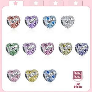 Authentic Birthstone Paved Zircon Birthday Heart Charm S925 Women Bracelet Charm - Picture 1 of 18