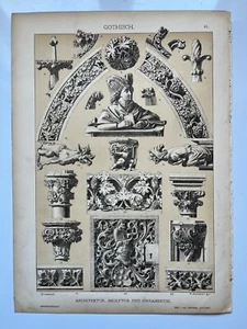 Gothic Architecture Sculpture Ornament genuine antique chromolithograph 1889 - Picture 1 of 6