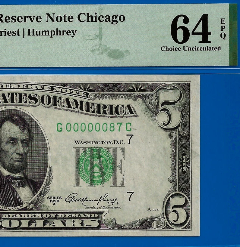 1950A $5 Federal Reserve Note - PMG 64EPQ - Birthday Low Serial Number 00000087 - Image 1 of 3