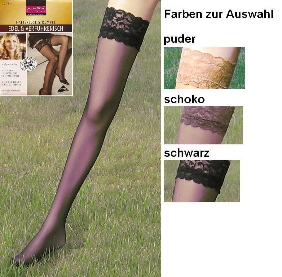SEIDENGLANZ  halterlose Strümpfe, edle Spitze, 20den, div.Fbn.+Gr. *disee* - Bild 1 von 1