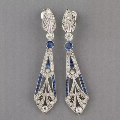 Art Deco Style Lab Created Diamond & Sapphire Dangle 14k White Gold FN Earrings - Image 1 of 4