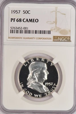 Moneda de plata escarchada 1957 Franklin medio dólar prueba NGC PF 68 CAMAFEO PR68CAM 50C Foto 1 de 3