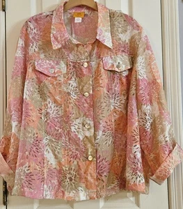 Ruby Rd Semi-Sheer Roll Tab Sleeve Burn Out Button Up Shirt Pink/Taupe 24W - Bild 1 von 7