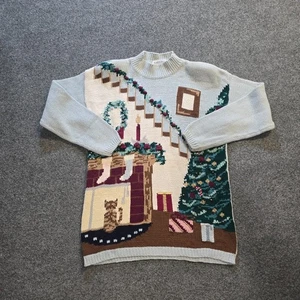 Suéter Karen Scott Mujer Talla Mediana Azul Árbol de Navidad Vacaciones Gato Años 80 Feo - Imagen 1 de 11