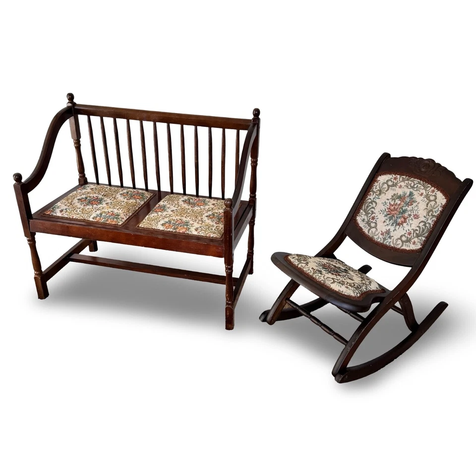 Asiento de banco de madera victoriano y mecedora plegable tapicería antigua Foto 1 de 4