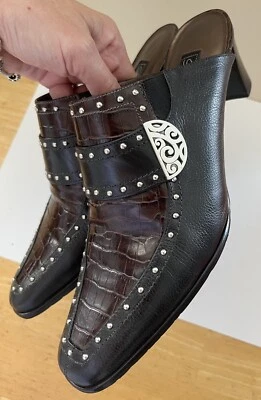 Brighton Negro Marrón Croco Tema Sin Cordones Tacones Tachonados Hebilla Plateada-7.5 Foto 1 de 4