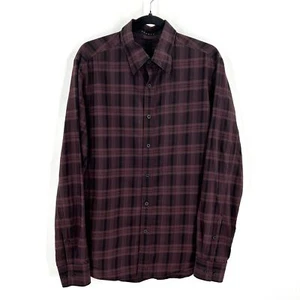 THEORY Men's Brown Purple Plaid 100% Cotton Long Sleeve Button Up Shirt Large - Picture 1 of 6