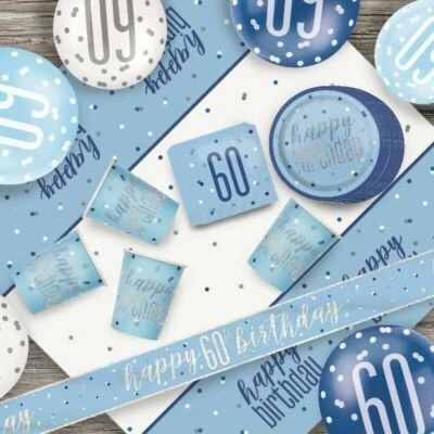 Glitz Blue 60th Birthday Party Tableware Decoration Plates Banners Candle Age 60