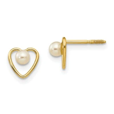 Madi K Kid's  Earrings 14k  FW Cultured Pearl Birthstone Heart, 3mm - Image 1 of 3