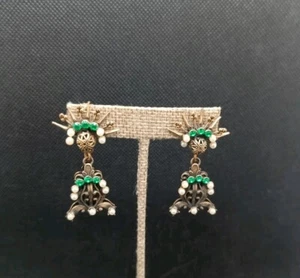 Rhinestone & Faux Pearl Vintage Earrings Brass Tone Art Nuevo Revival 1930's - Picture 1 of 5