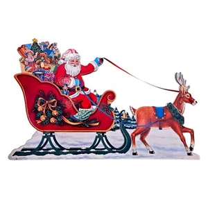 VTG Animated Santa Sleigh Reindeer Wooden Musical Christmas Winter Wall Decor - Picture 1 of 13