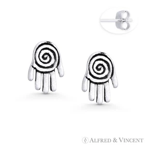 Hamsa Hand Evil Eye Luck Jewish Kabbalah Charm Stud Earrings 925 Sterling Silver - Picture 1 of 1