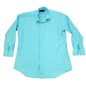 David Donahue Dress Shirt Mens 17 32/33 Aqua Blue Teal Trim Button Cotton Solid - Picture 1 of 12