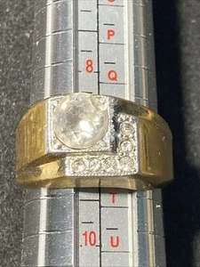 Men's Faux Diamond Ring Signed 18KT Gold GE Sz 9 Vintage Brushed look RING - Picture 1 of 10