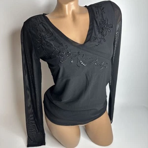 Top Camaieu Negro Malla Manga Cuentas Floral Transparente Y2K Gótico Romántico S M Elástico - Imagen 1 de 14