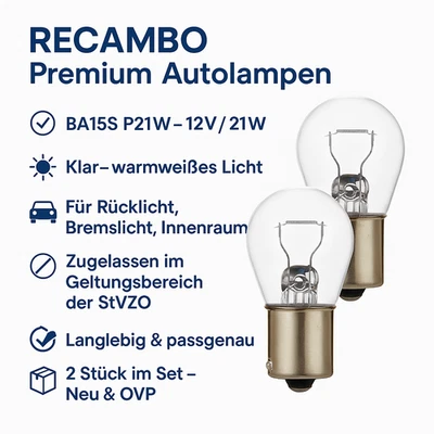 2x RECAMBO BA15s P21W 12V 21W Halogen Autolampe Glühbirne Licht Lampe - Bild 1 von 4