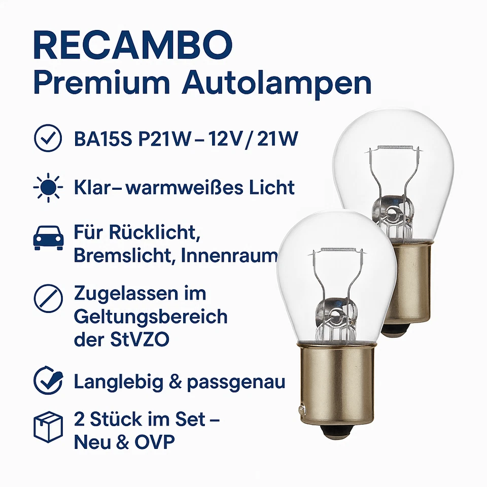 2x RECAMBO BA15s P21W 12V 21W Halogen Autolampe Glühbirne Licht Lampe - Bild 1 von 4
