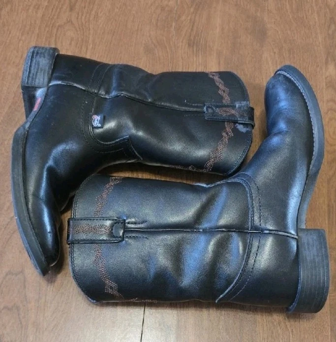 Justin Botas Western Niños Talla 6B Negro Punta Redonda Cuero Resistente Exterior Foto 1 de 4