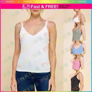 Womens Ribbed V-neck Lace Spaghetti Straps Trim With Strap Tank Crop Tops Shirts - Picture 1 of 16