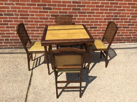 Vintage Leg-o-Matic Table & 4 Folding Cane Back Chair Set Retro Mid Century Mod Cover