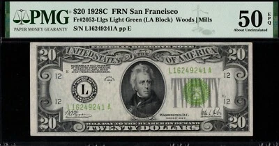 1928C $20 FRN L16249241A P.M.G #50EPQ - Image 1 of 3